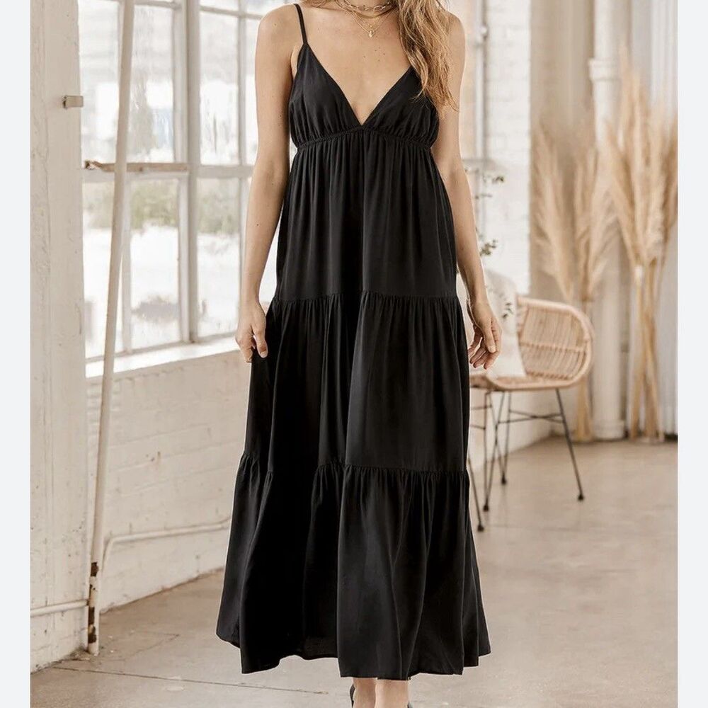 OVS Maxi Dress S/M Babydoll Black Tiered  Spaghetti Strap V-Neck Beach Boho Y2K‎